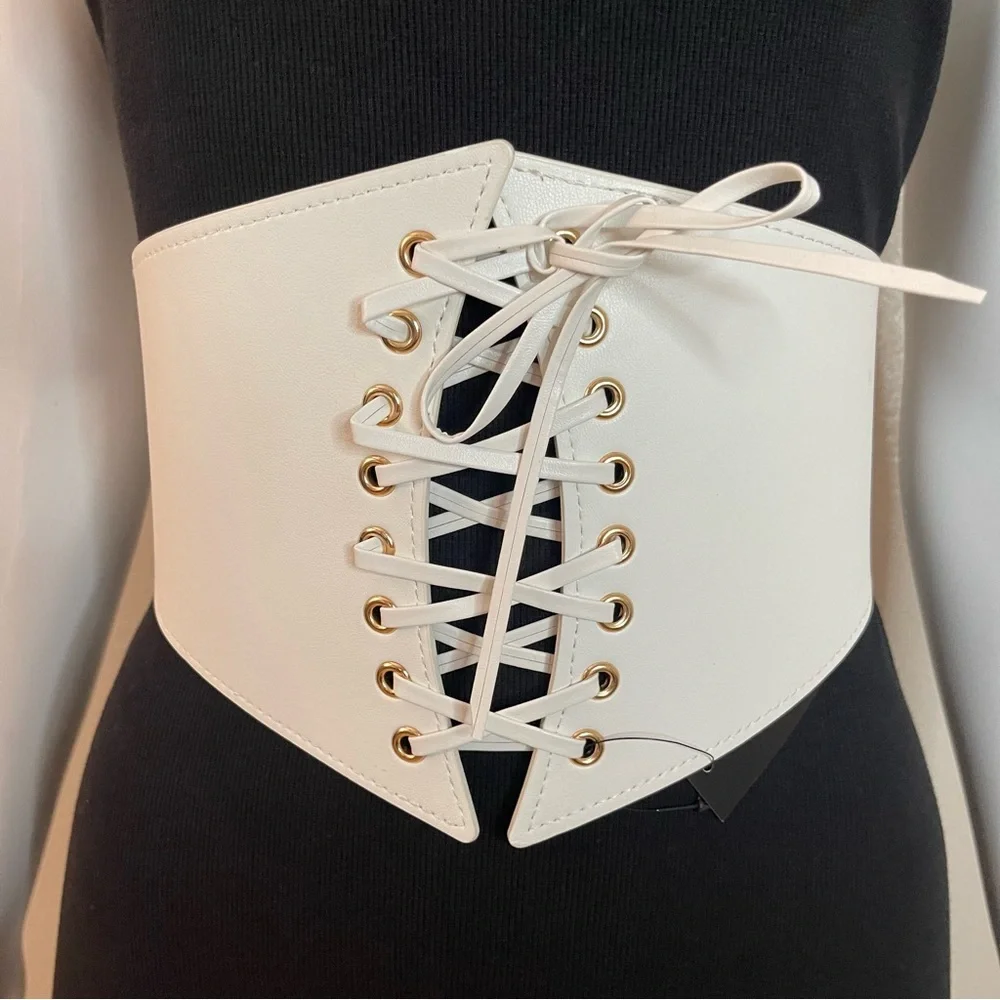 Plus size white PU leather lace up elastic waistband corset belt - Picture 1 of 10